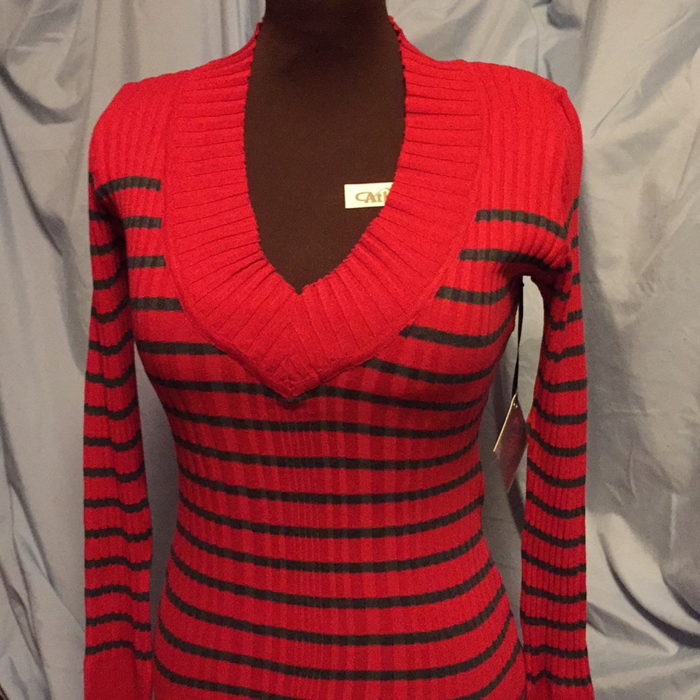 Red and dark grey striped sweater
